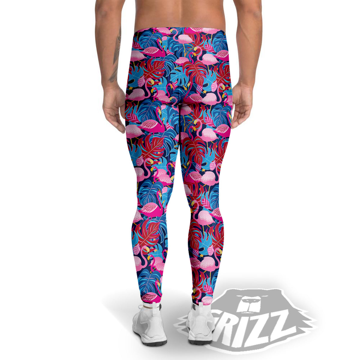 Tropical Blue And Pink Flamingo Print Men's Leggings-grizzshop