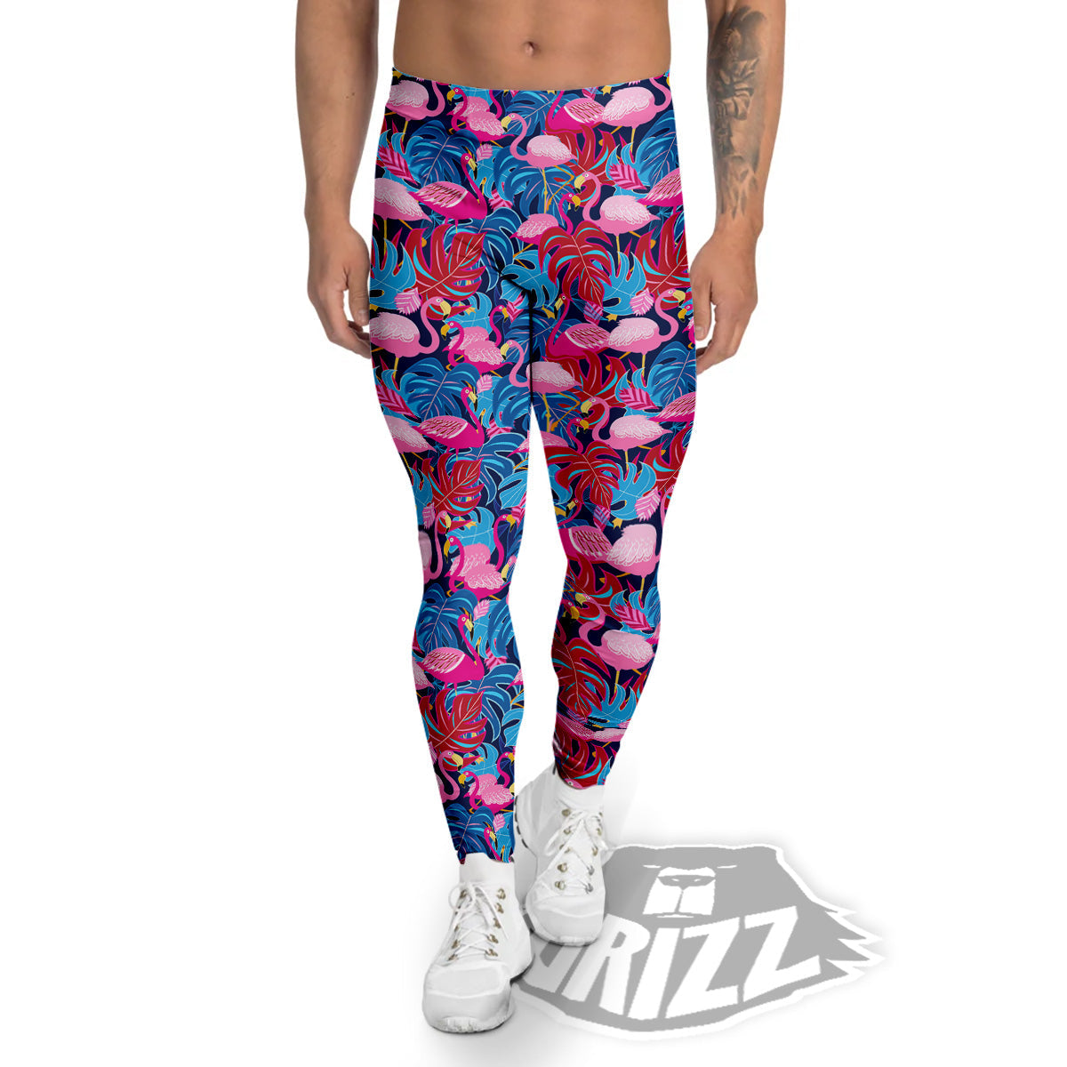 Tropical Blue And Pink Flamingo Print Men's Leggings-grizzshop