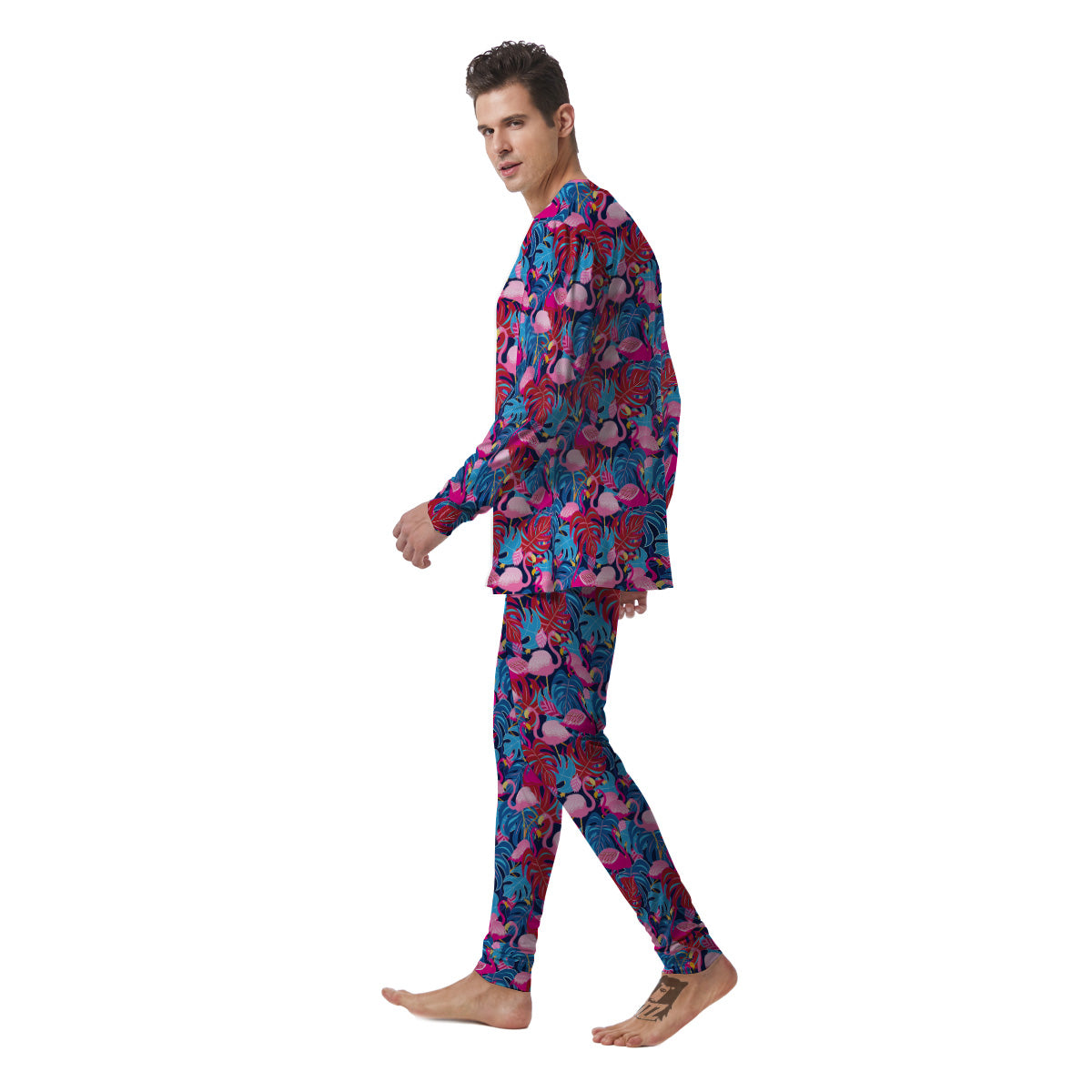 Tropical Blue And Pink Flamingo Print Men's Pajamas-grizzshop