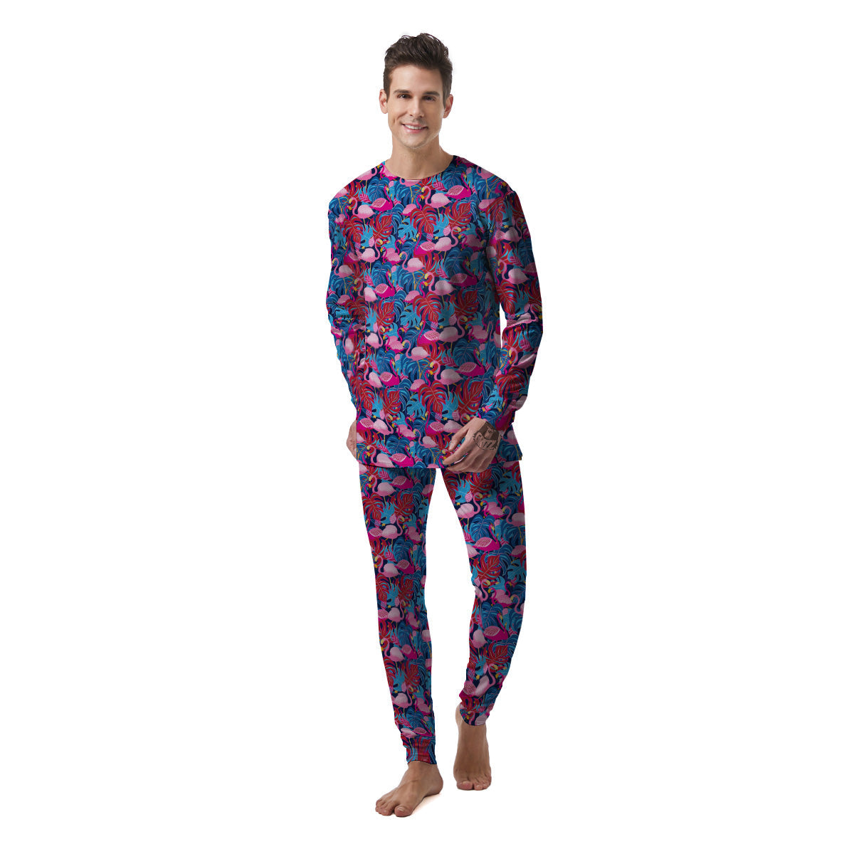 Tropical Blue And Pink Flamingo Print Men's Pajamas-grizzshop