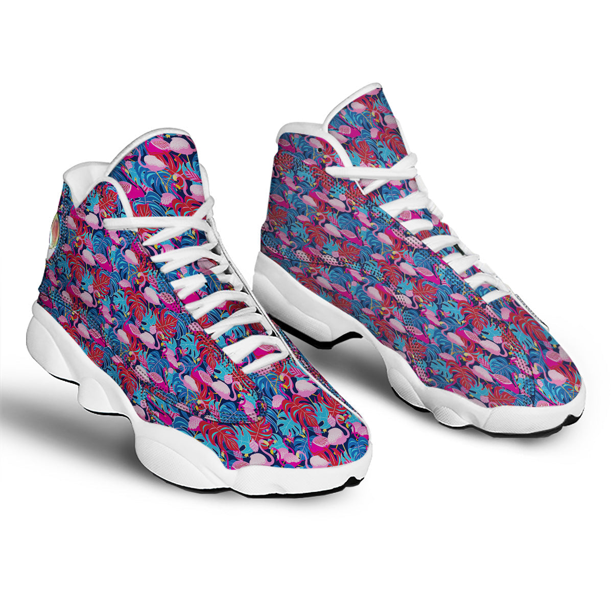 Tropical Blue And Pink Flamingo Print White Basketball Shoes-grizzshop