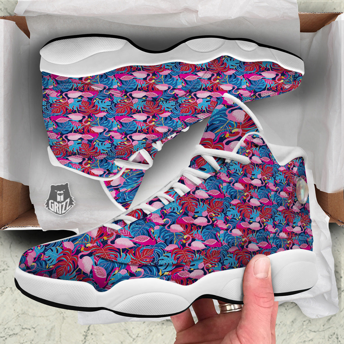 Tropical Blue And Pink Flamingo Print White Basketball Shoes-grizzshop