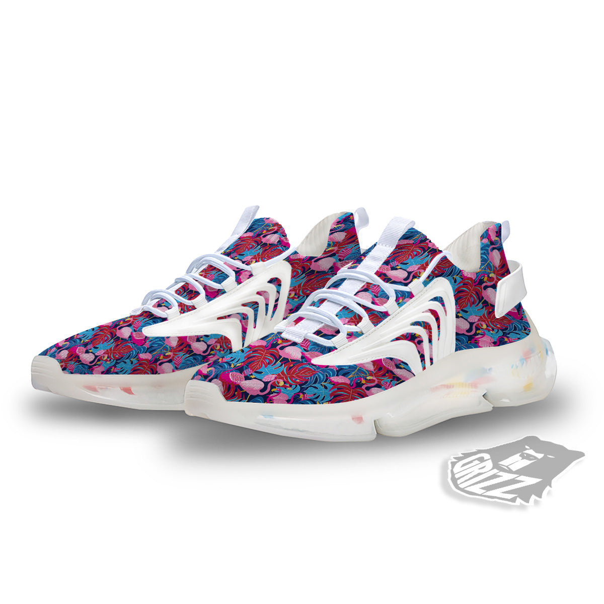 Tropical Blue And Pink Flamingo Print White Gym Shoes-grizzshop