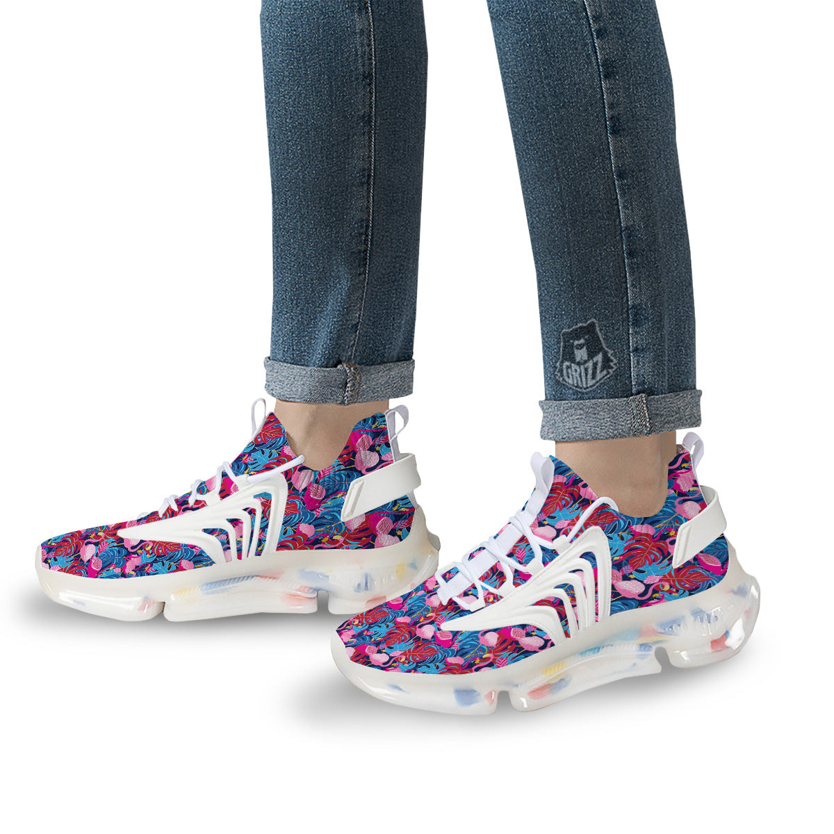 Tropical Blue And Pink Flamingo Print White Gym Shoes-grizzshop