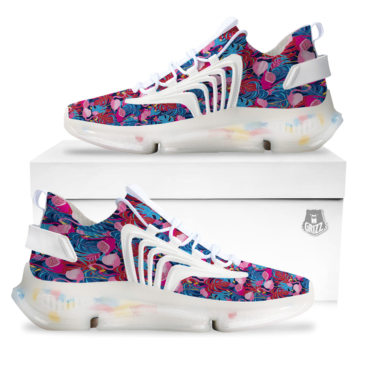 Tropical Blue And Pink Flamingo Print White Gym Shoes-grizzshop