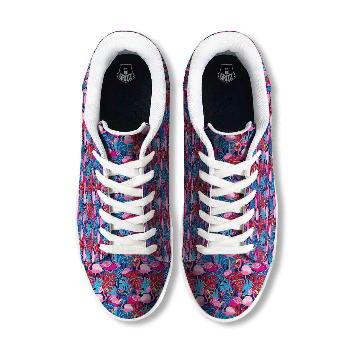 Tropical Blue And Pink Flamingo Print White Low Top Sneakers-grizzshop
