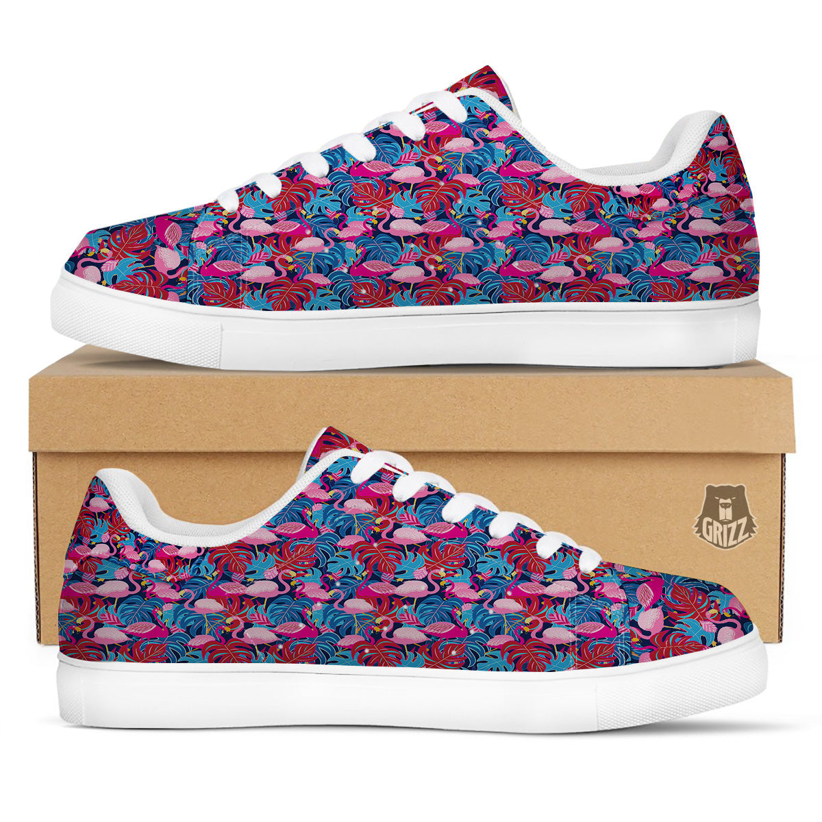 Tropical Blue And Pink Flamingo Print White Low Top Sneakers-grizzshop