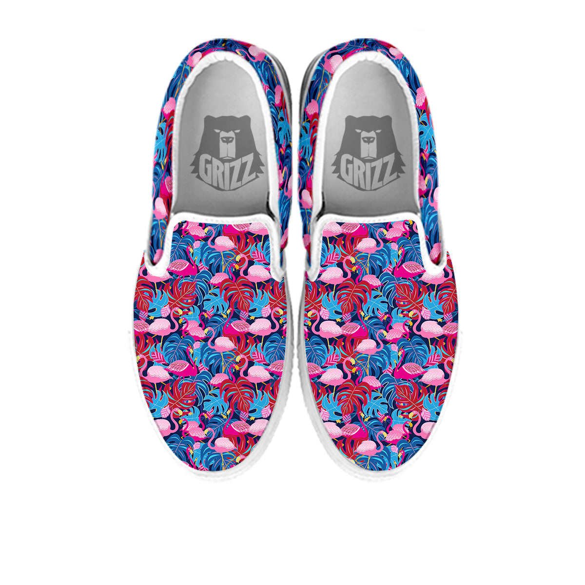 Tropical Blue And Pink Flamingo Print White Slip On Shoes-grizzshop