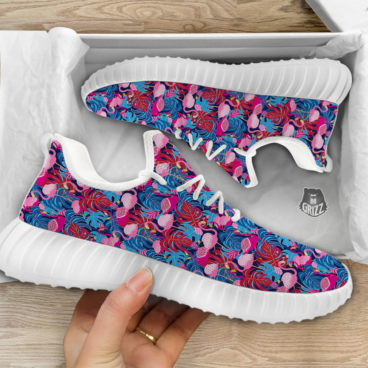 Tropical Blue And Pink Flamingo Print White Walking Shoes-grizzshop