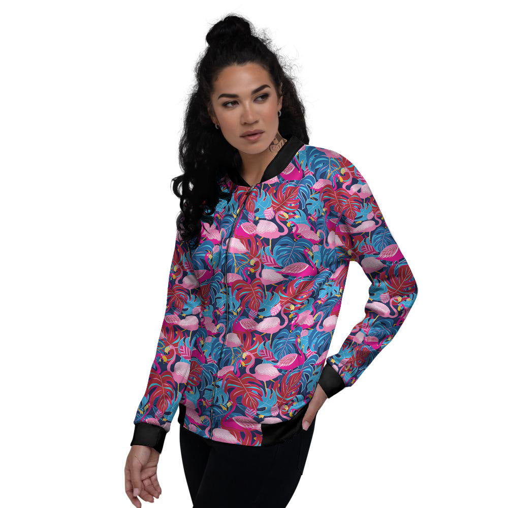 Tropical Blue And Pink Flamingo Print Women's Bomber Jacket-grizzshop