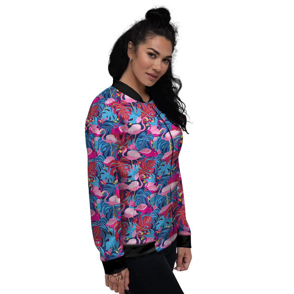 Tropical Blue And Pink Flamingo Print Women's Bomber Jacket-grizzshop