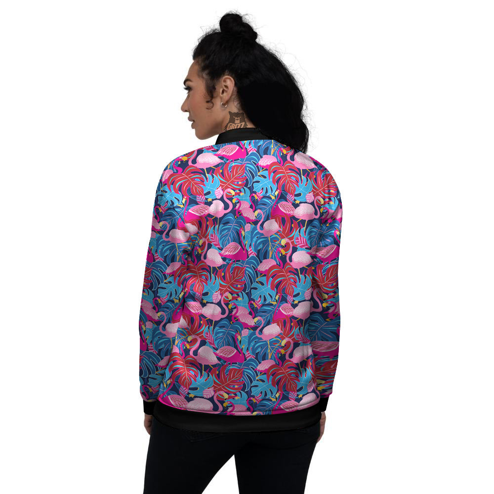 Tropical Blue And Pink Flamingo Print Women's Bomber Jacket-grizzshop