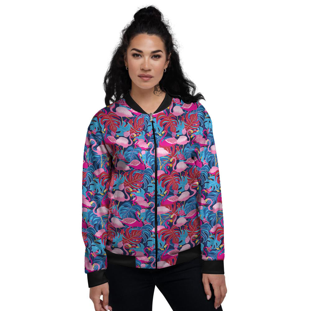 Tropical Blue And Pink Flamingo Print Women's Bomber Jacket-grizzshop