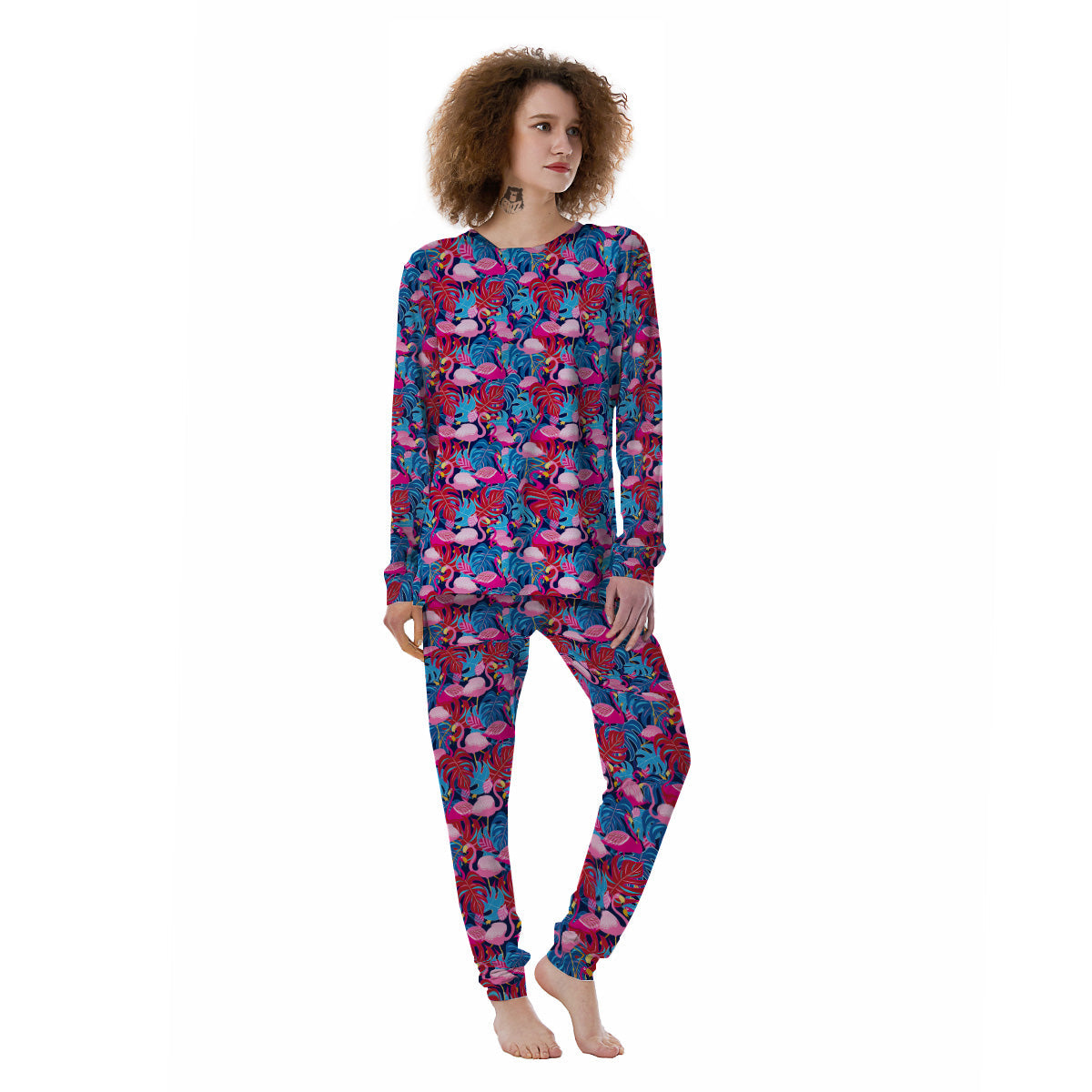 Tropical Blue And Pink Flamingo Print Women's Pajamas-grizzshop