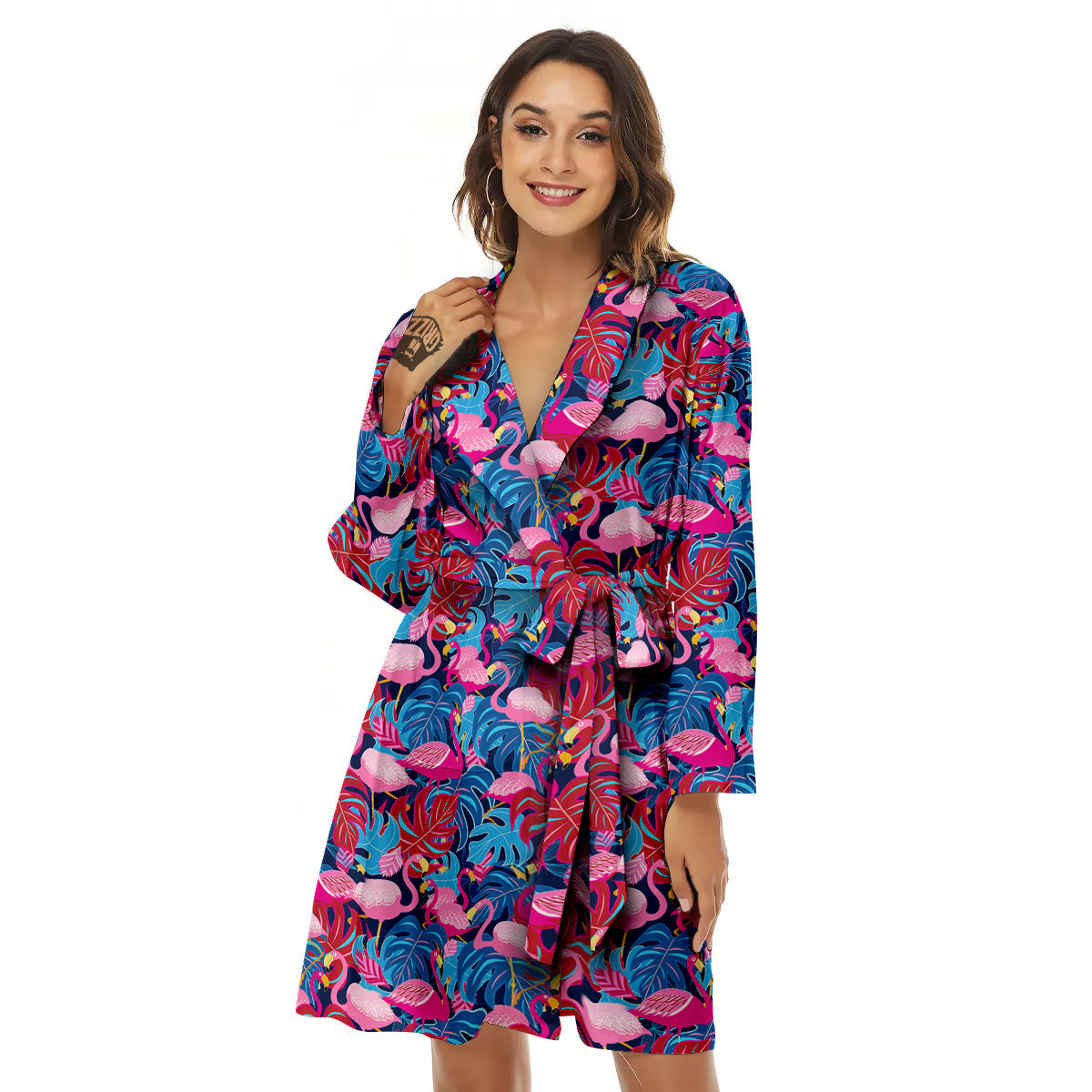 Tropical Blue And Pink Flamingo Print Women's Robe-grizzshop