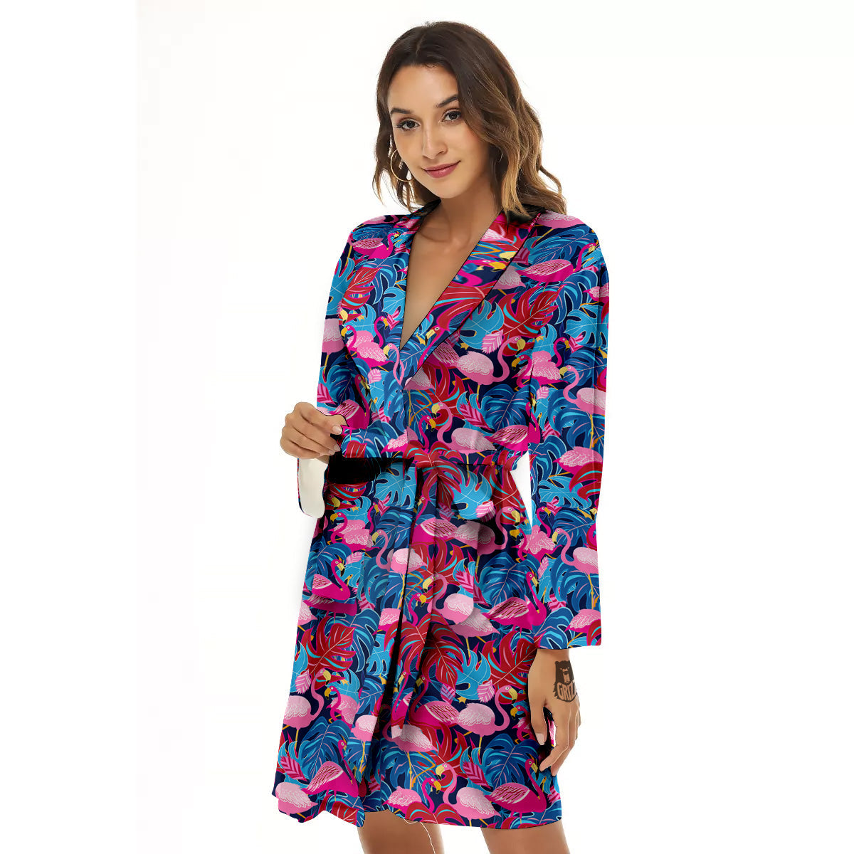 Tropical Blue And Pink Flamingo Print Women's Robe-grizzshop