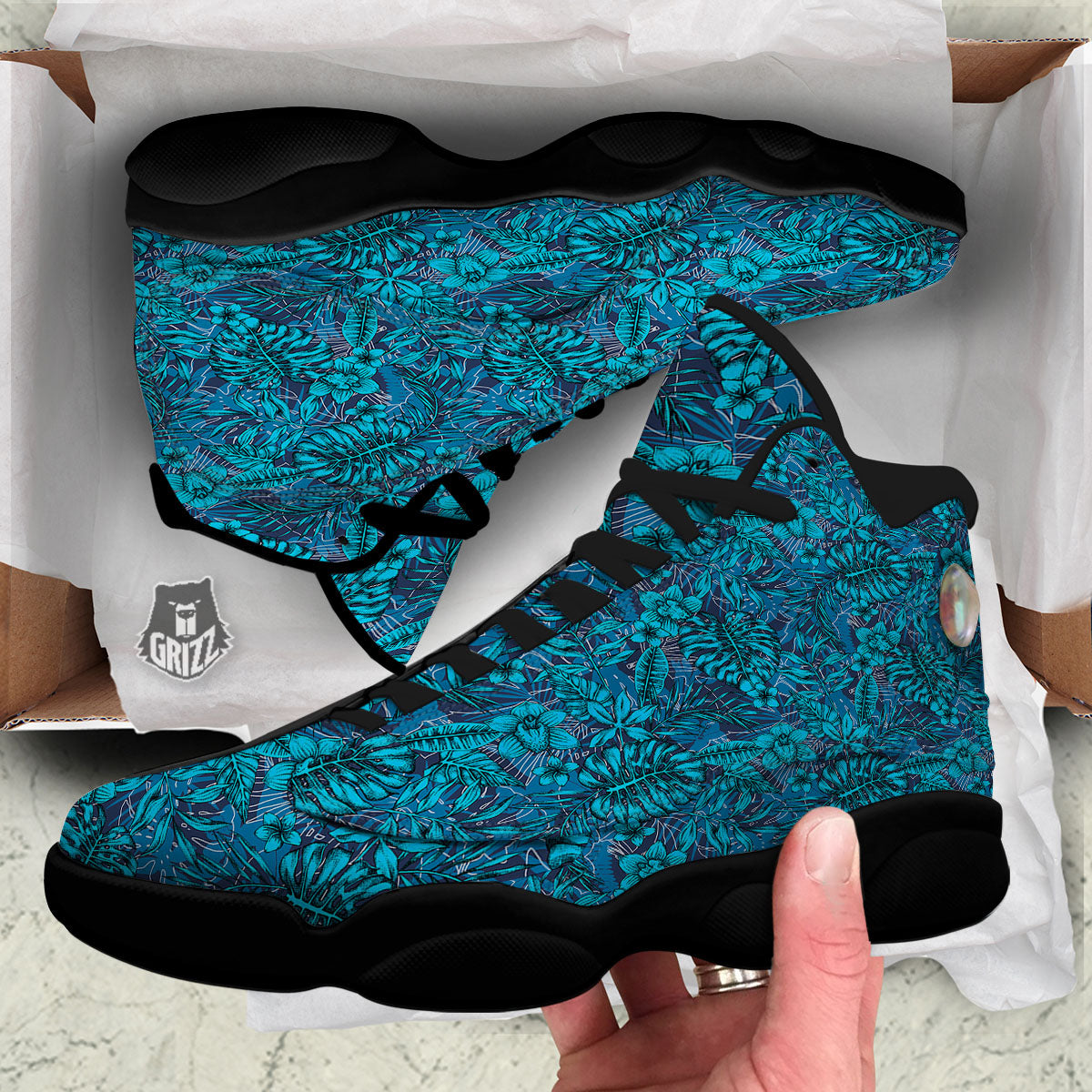 Tropical Blue Hawaiian Print Pattern Black Basketball Shoes-grizzshop
