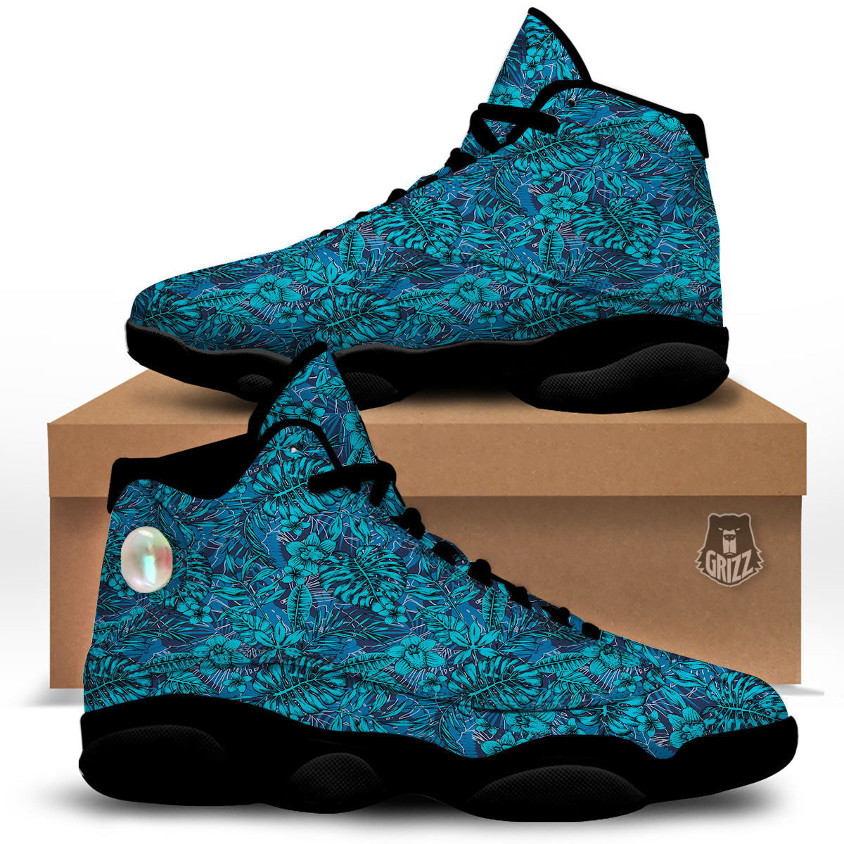 Tropical Blue Hawaiian Print Pattern Black Basketball Shoes-grizzshop