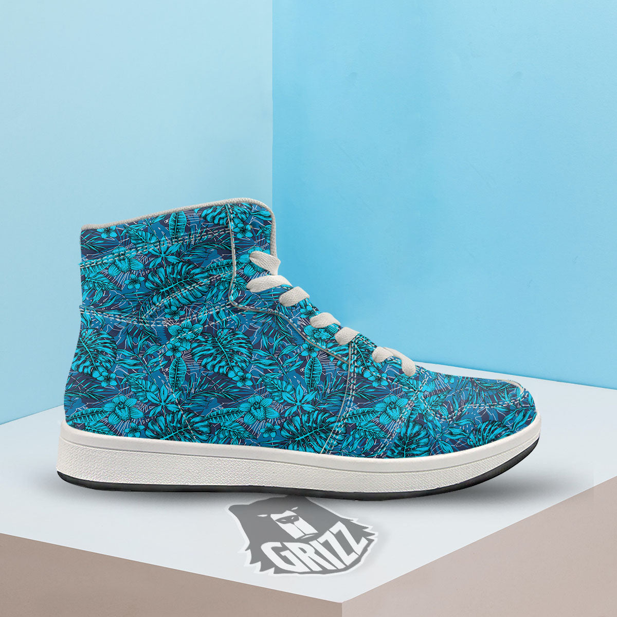 Tropical Blue Hawaiian Print Pattern High Top Sneakers-grizzshop