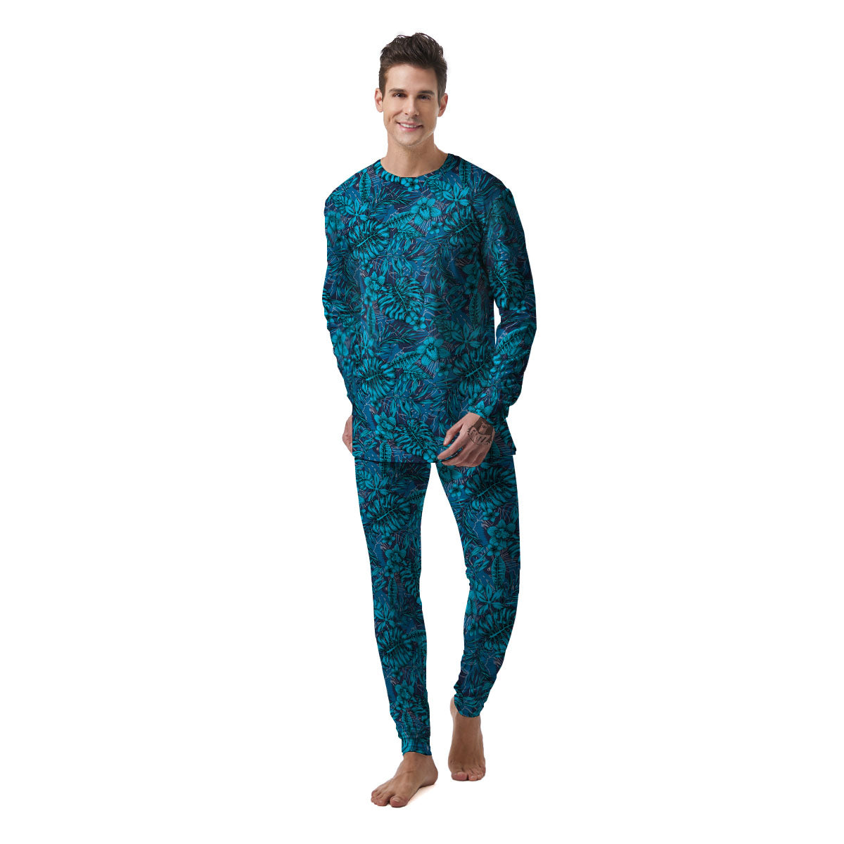 Tropical Blue Hawaiian Print Pattern Men's Pajamas-grizzshop