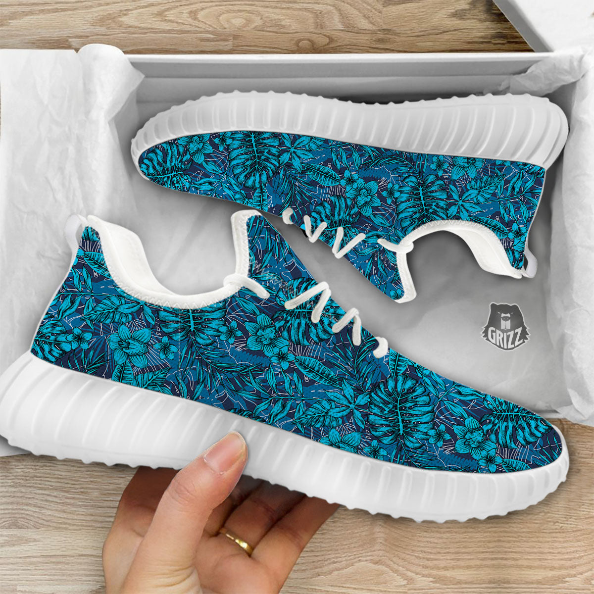 Tropical Blue Hawaiian Print Pattern White Walking Shoes-grizzshop