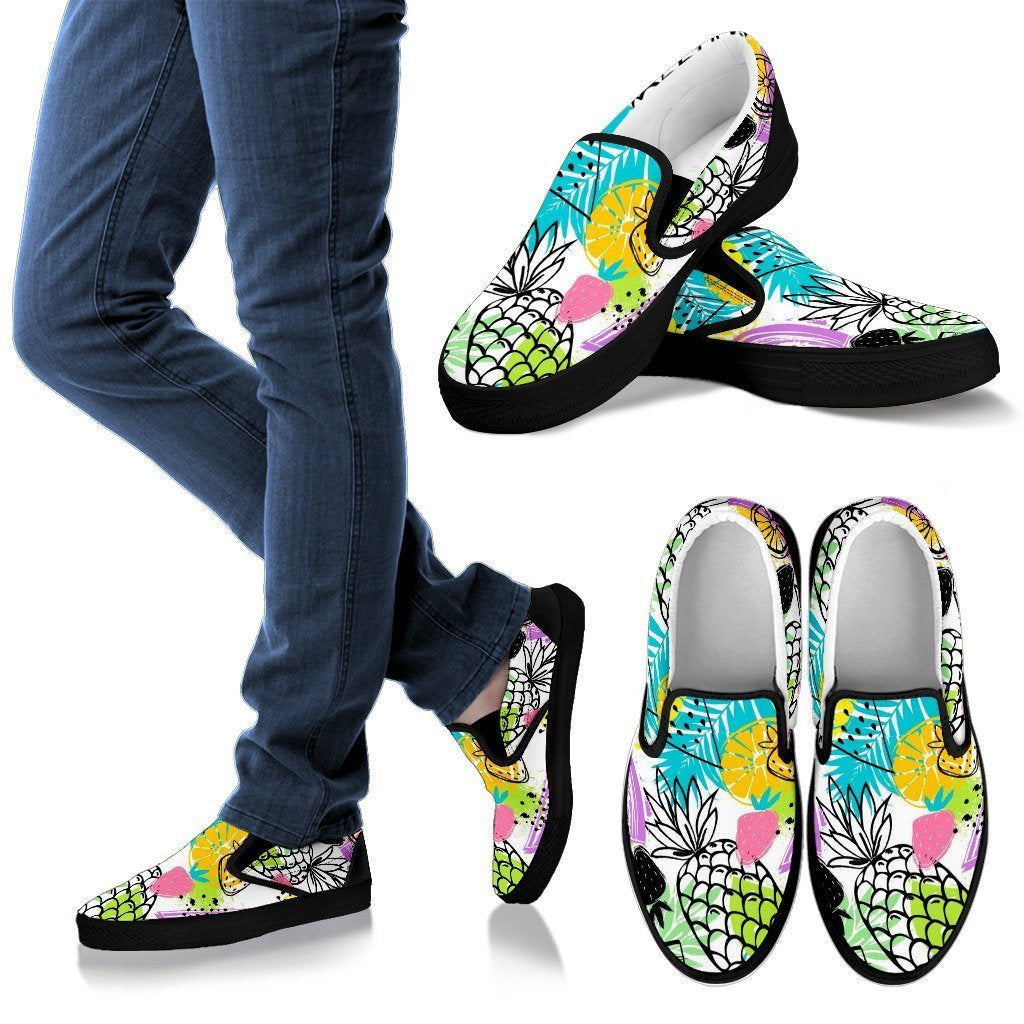 Tropical Drawing Pineapple Print Women Canvas Slip On Shoes-grizzshop