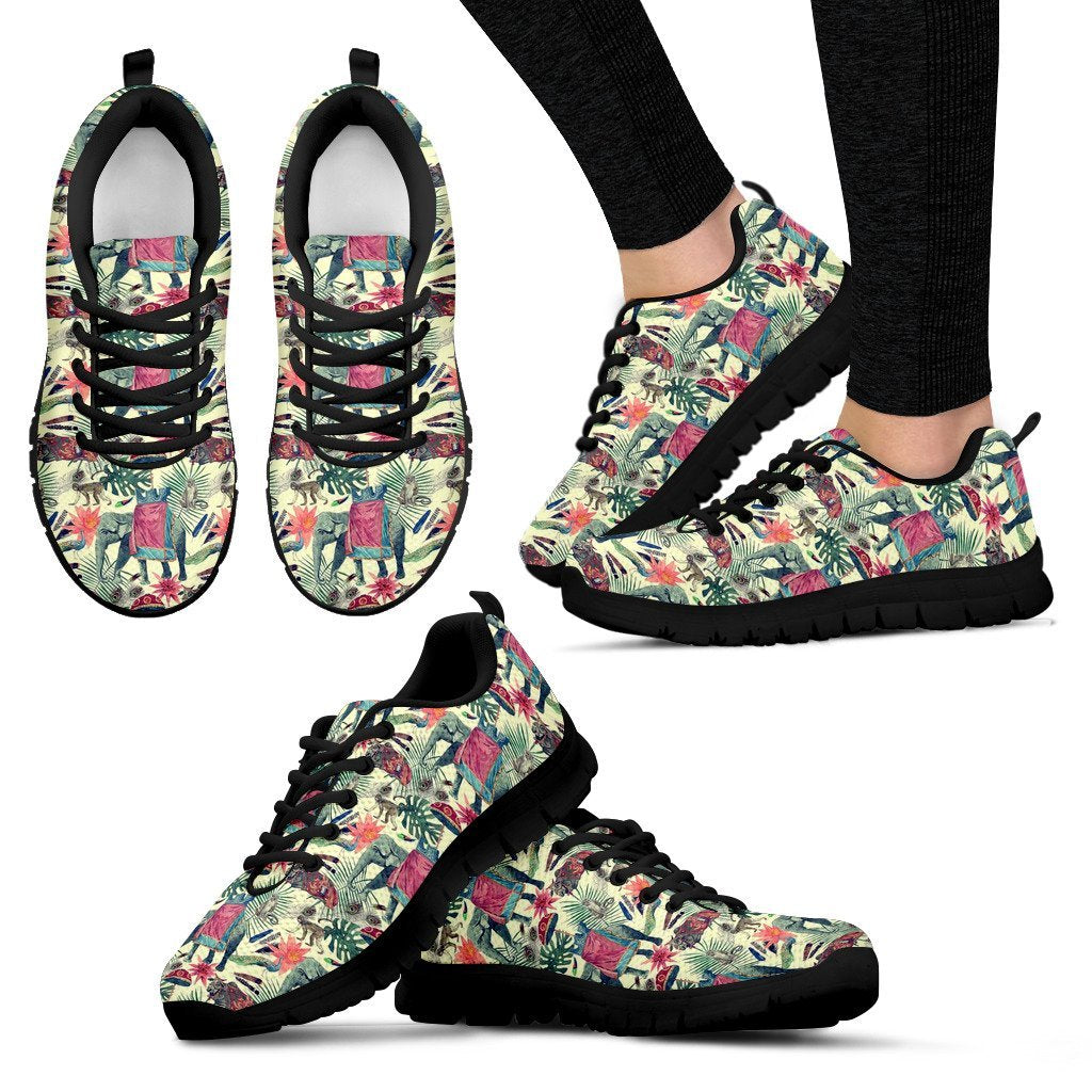 Tropical Elephant Print Black Sneaker Shoes For Men Women-grizzshop