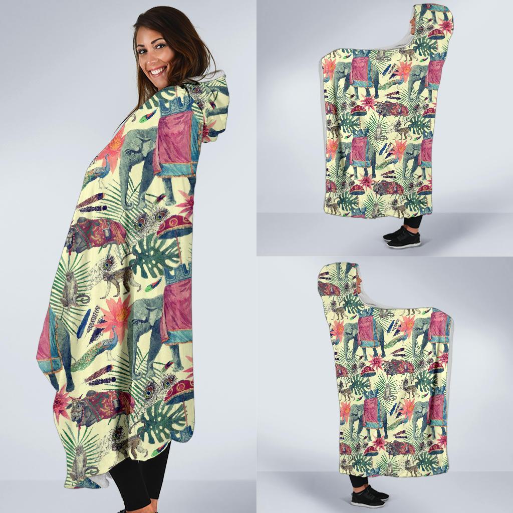 Tropical Elephant Print Hooded Blanket-grizzshop