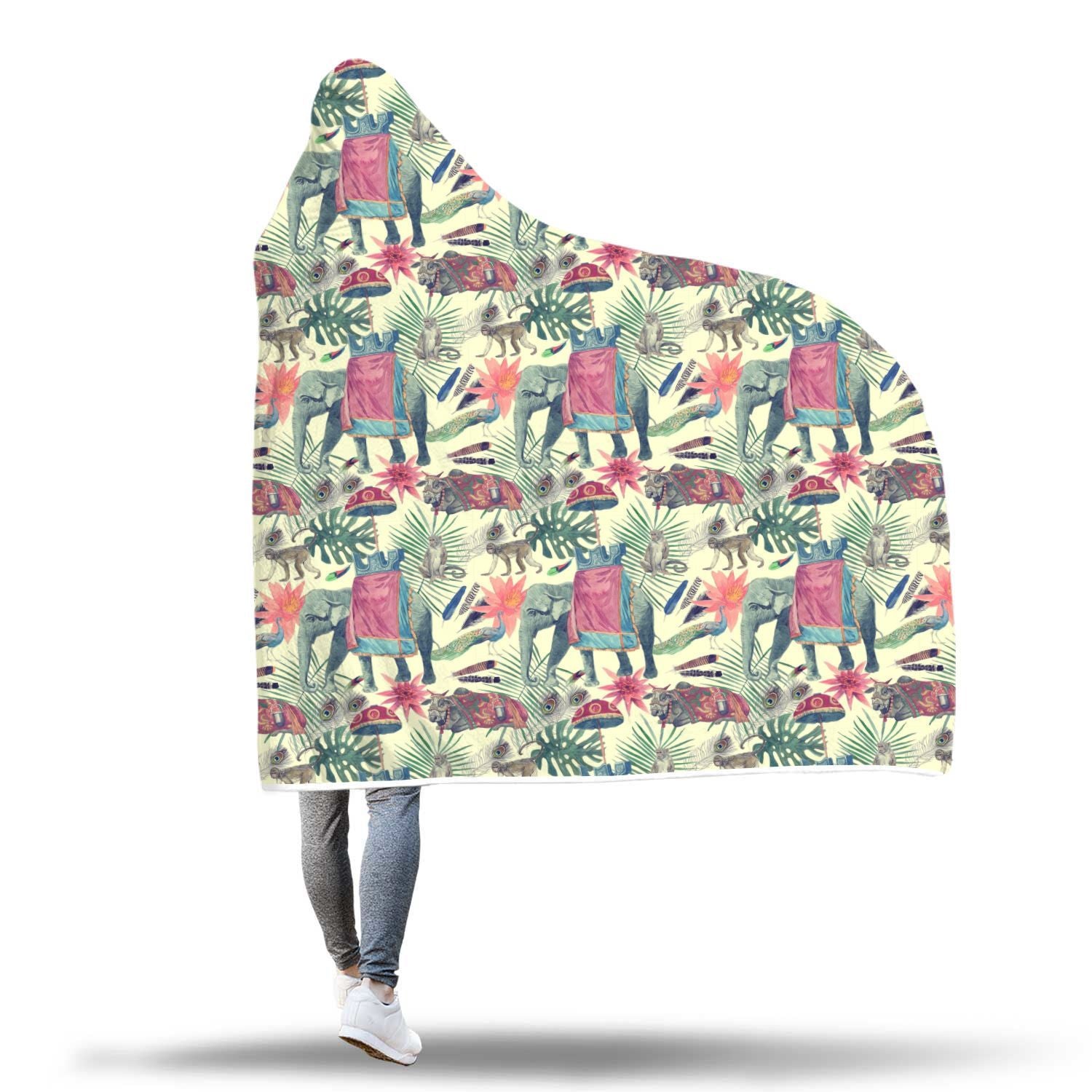 Tropical Elephant Print Hooded Blanket-grizzshop