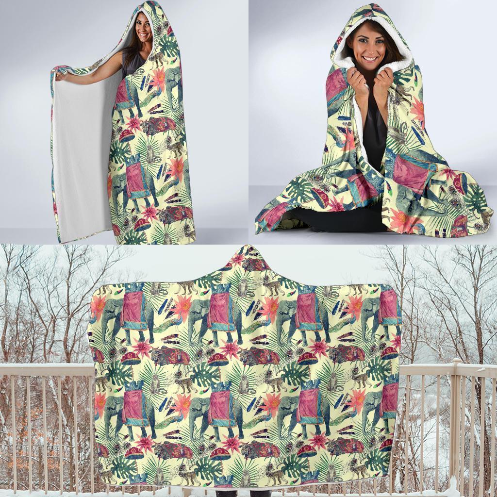 Tropical Elephant Print Hooded Blanket-grizzshop