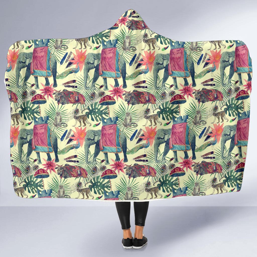 Tropical Elephant Print Hooded Blanket-grizzshop