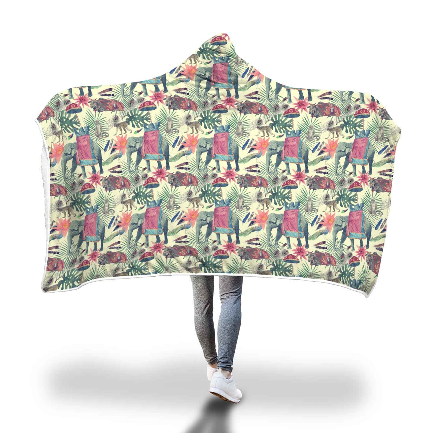 Tropical Elephant Print Hooded Blanket-grizzshop