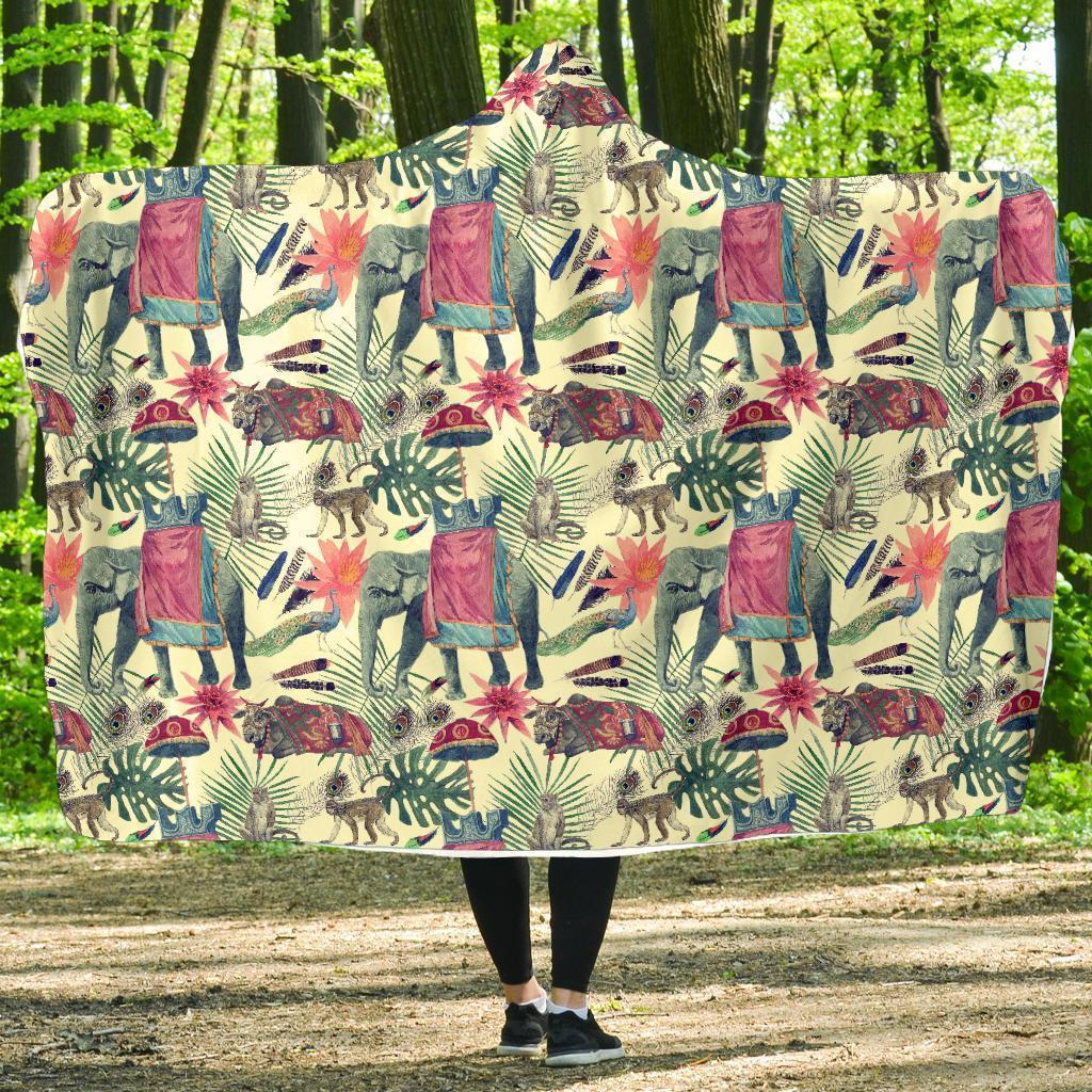 Tropical Elephant Print Hooded Blanket-grizzshop