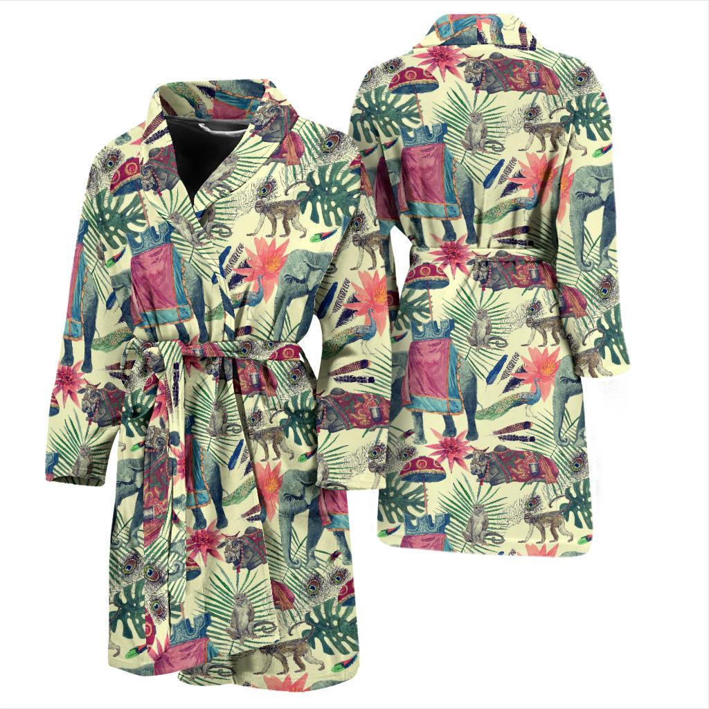 Tropical Elephant Print Men Long Robe-grizzshop