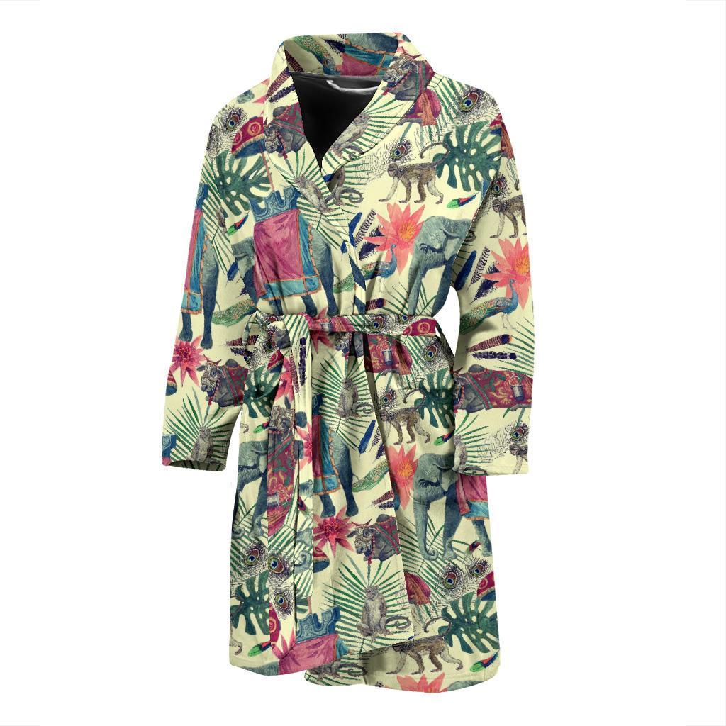 Tropical Elephant Print Men Long Robe-grizzshop