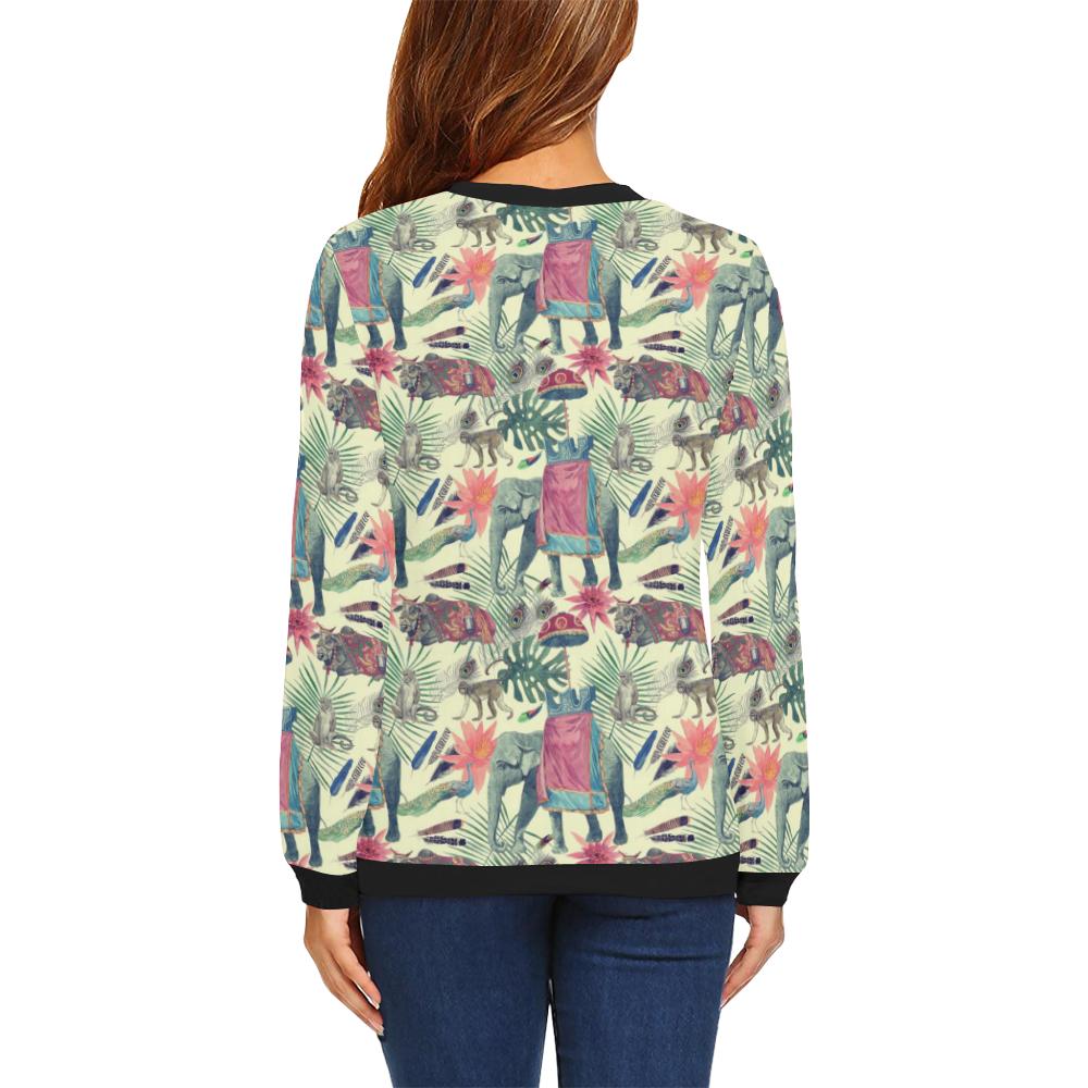 Tropical Elephant Print Women Crewneck Sweatshirt-grizzshop