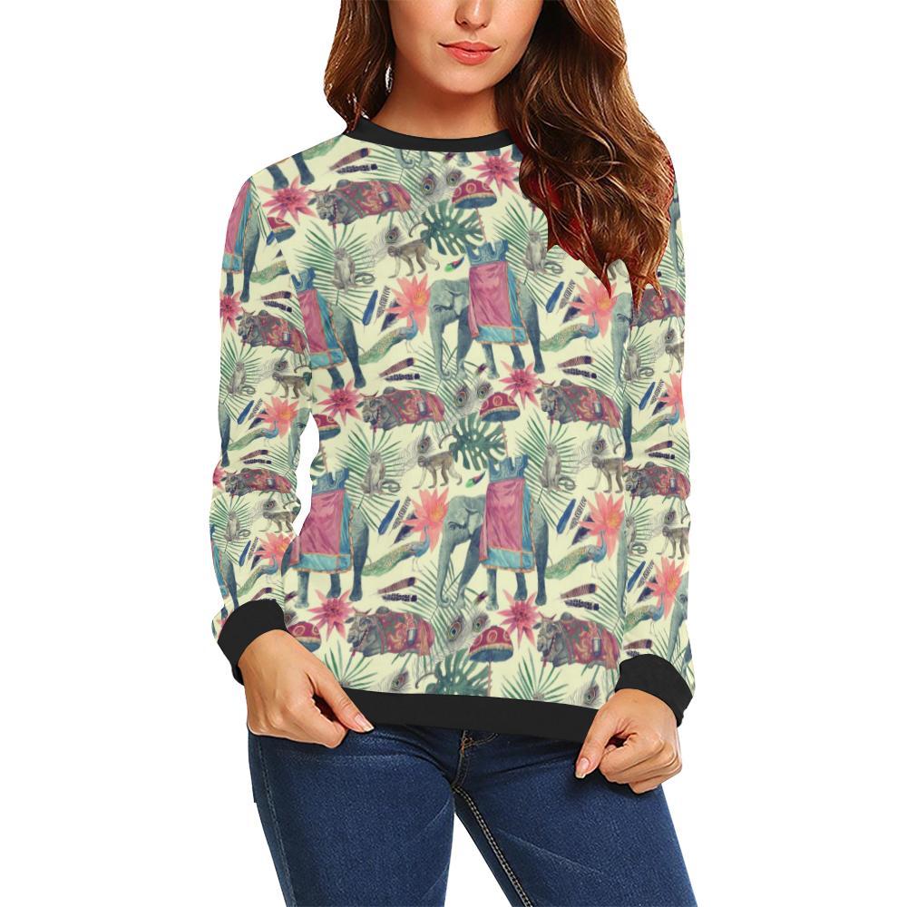 Tropical Elephant Print Women Crewneck Sweatshirt-grizzshop