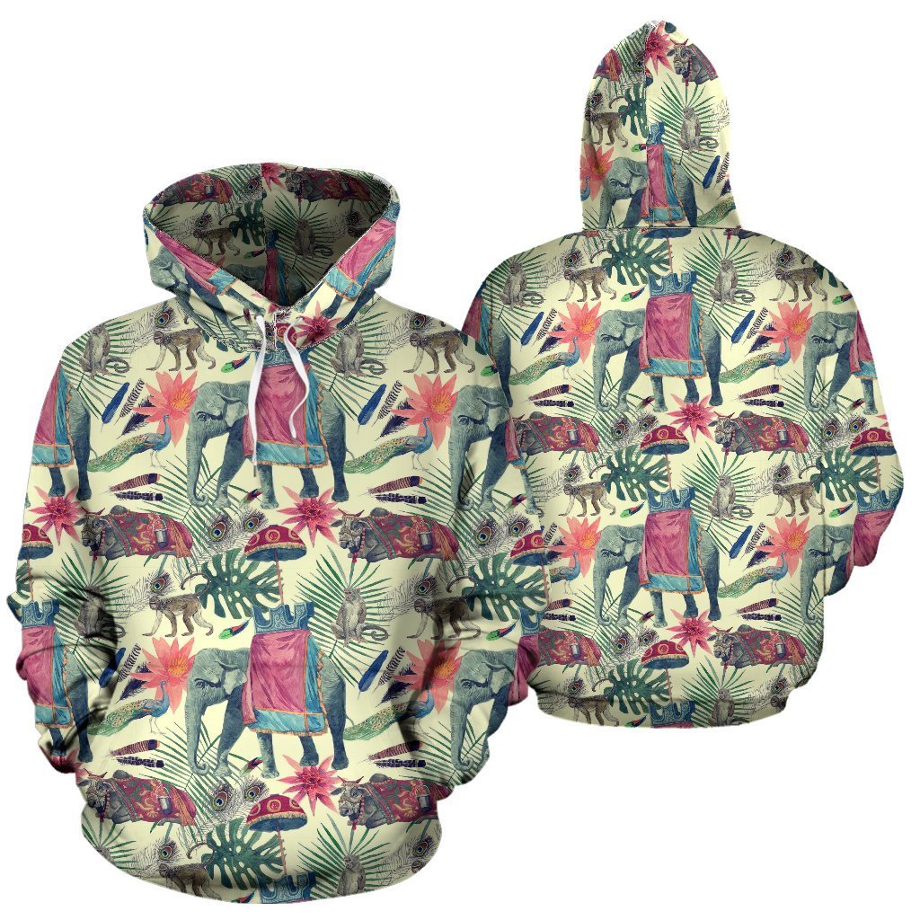 Tropical Elephant Print Women Men Pullover Hoodie-grizzshop