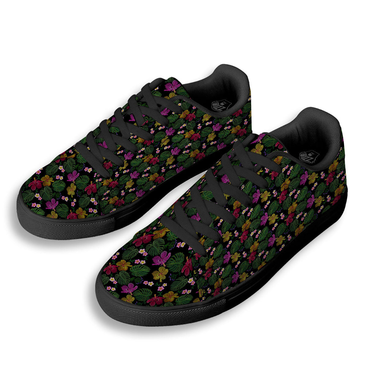 Tropical Embroidery Print Pattern Black Low Top Sneakers-grizzshop