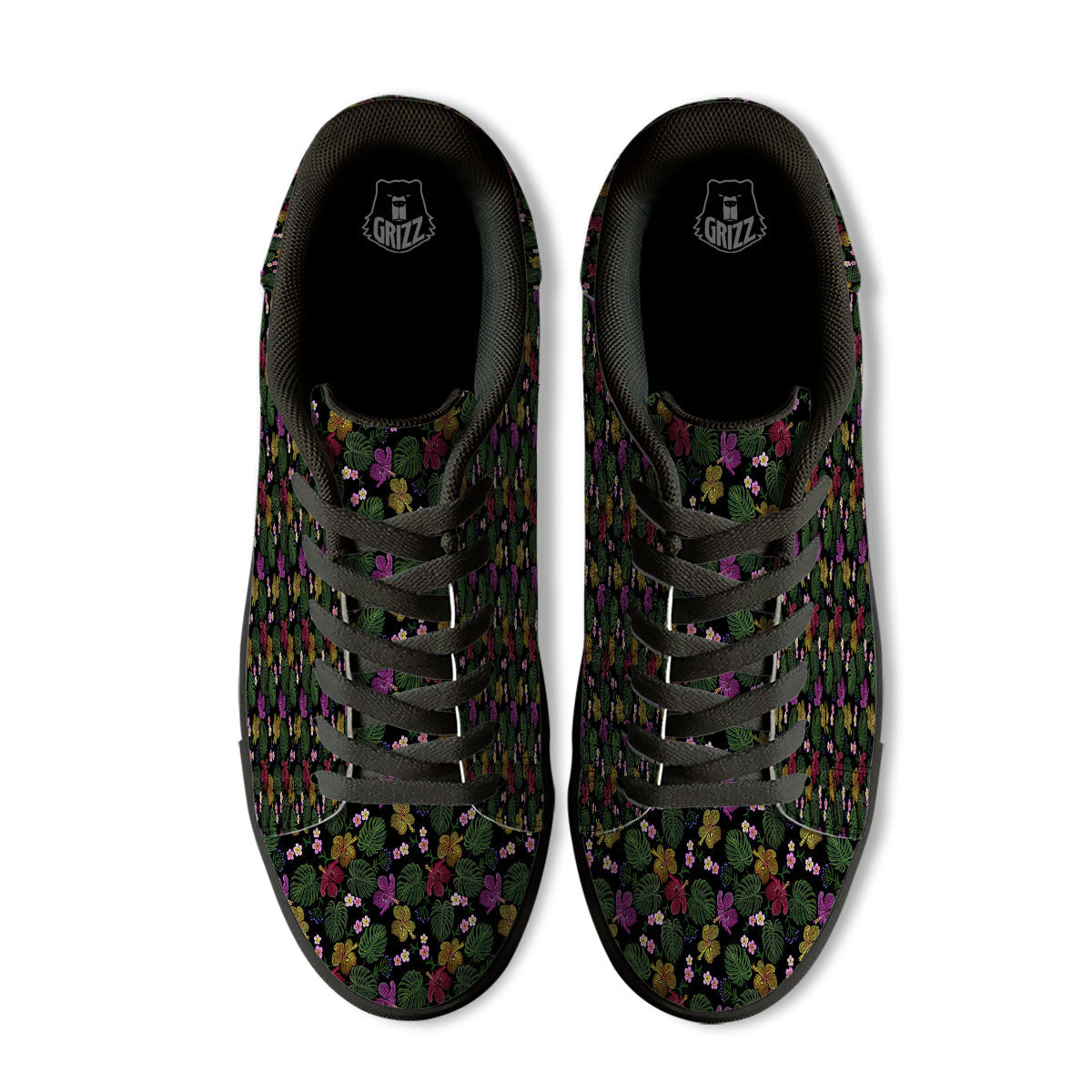 Tropical Embroidery Print Pattern Black Low Top Sneakers-grizzshop