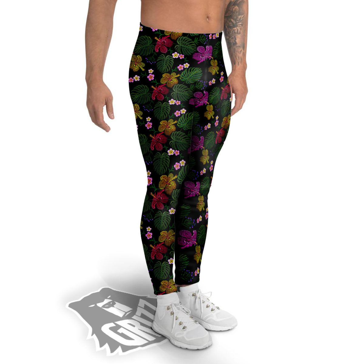 Tropical Embroidery Print Pattern Men's Leggings-grizzshop