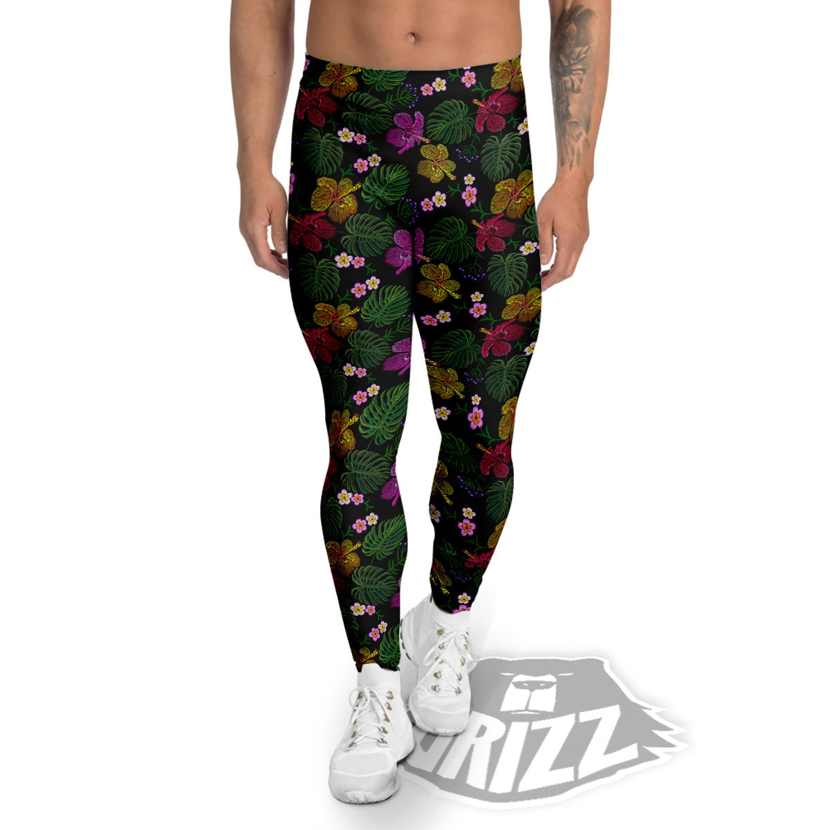 Tropical Embroidery Print Pattern Men's Leggings-grizzshop