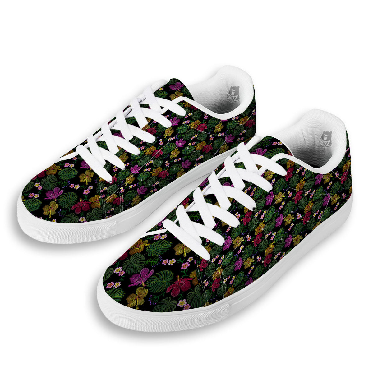 Tropical Embroidery Print Pattern White Low Top Sneakers-grizzshop