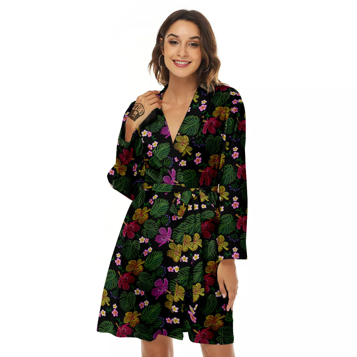 Tropical Embroidery Print Pattern Women's Robe-grizzshop