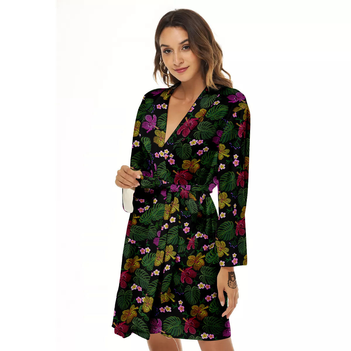 Tropical Embroidery Print Pattern Women's Robe-grizzshop
