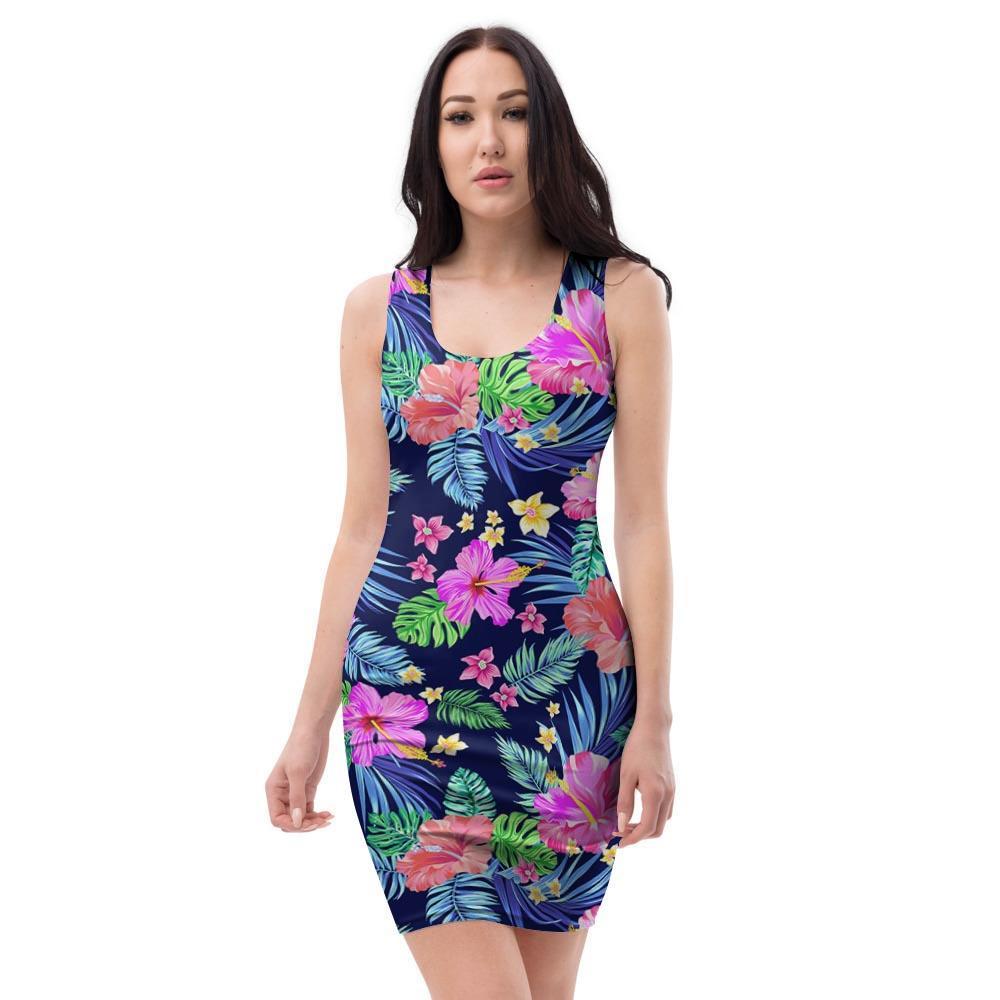 Tropical Exotic Flowers Hibiscus Hawaiian Print Bodycon Dress-grizzshop