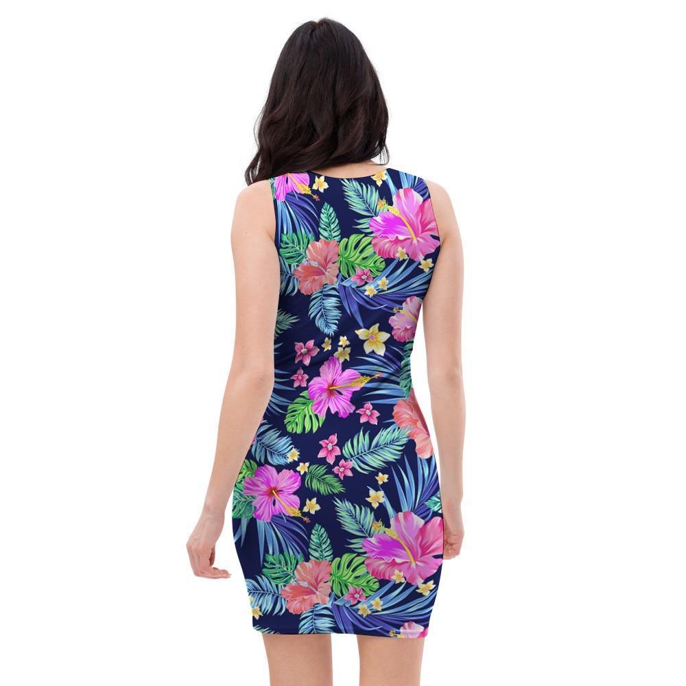 Tropical Exotic Flowers Hibiscus Hawaiian Print Bodycon Dress-grizzshop