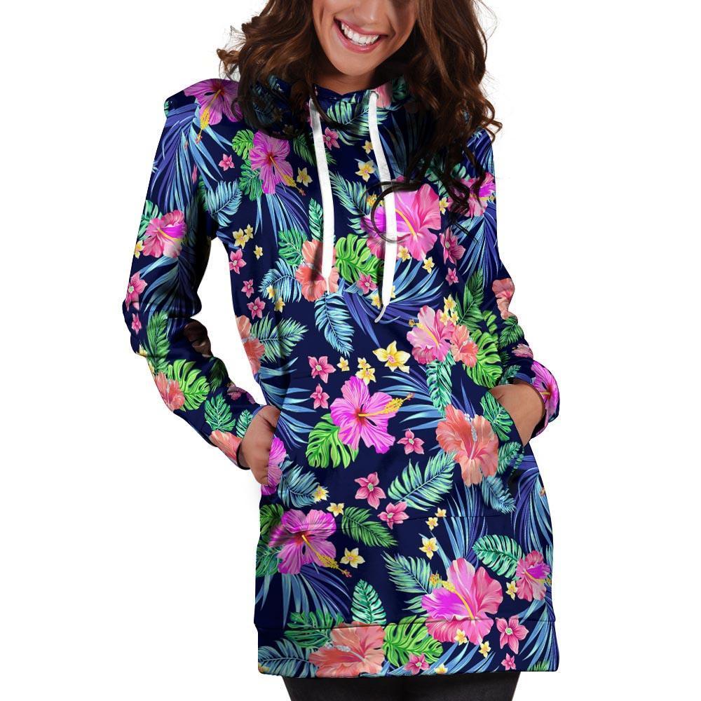 Tropical Exotic Flowers Hibiscus Hawaiian Print Hoodie Dress-grizzshop