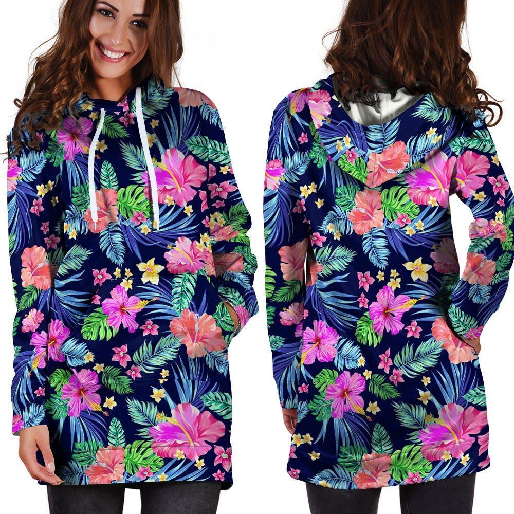 Tropical Exotic Flowers Hibiscus Hawaiian Print Hoodie Dress-grizzshop