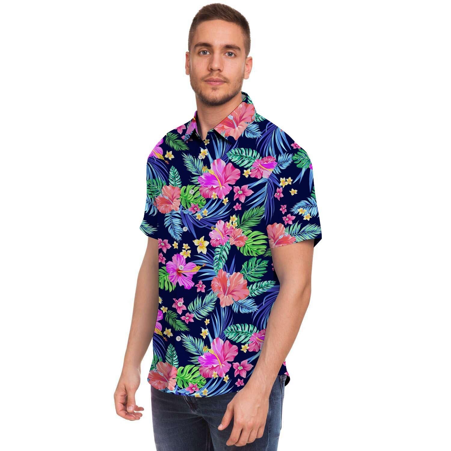 Tropical Exotic Flowers Hibiscus Hawaiian Print Men's Short Sleeve Shirt-grizzshop